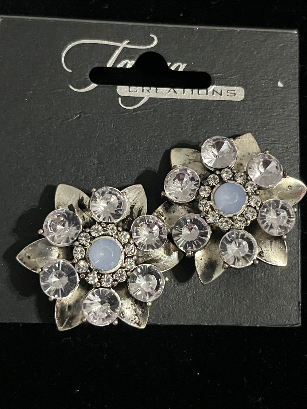 Silver-Tone Floral Crystal Stud Clip Earrings with Light Blue Center
